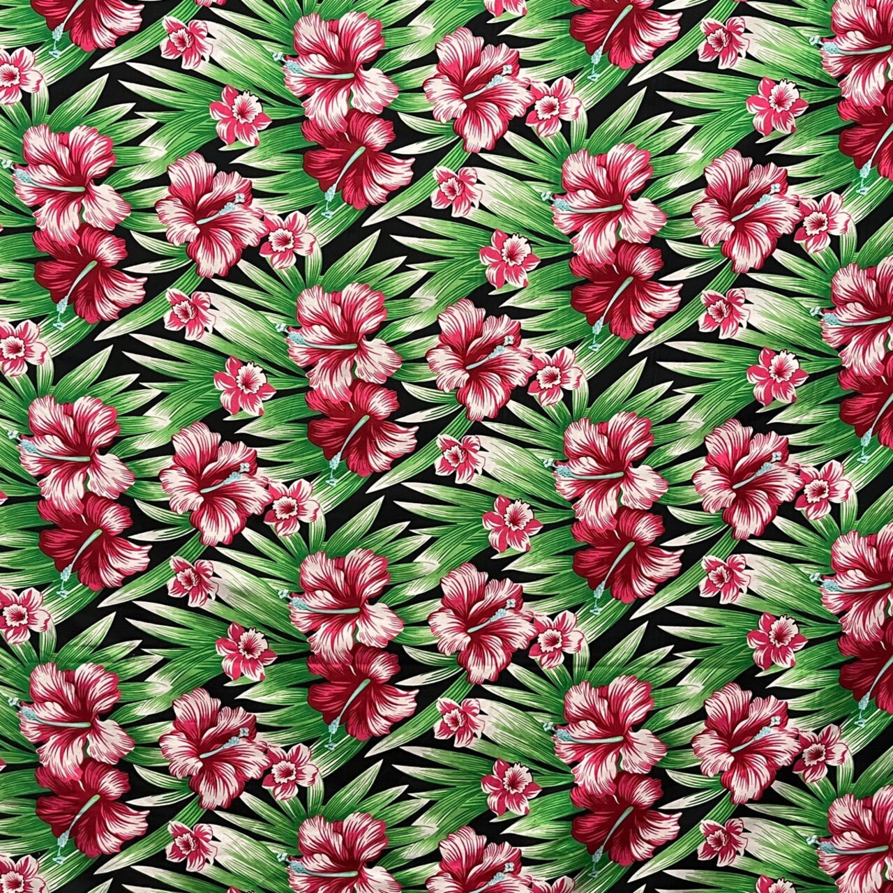 1 Yard Multicolor Hibiscus Flowers Polyester Fabric with Tropical Palm Design 60 Inch Width